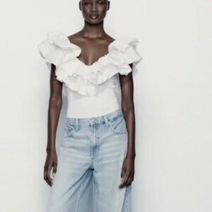 White Zara ruffle bodysuit